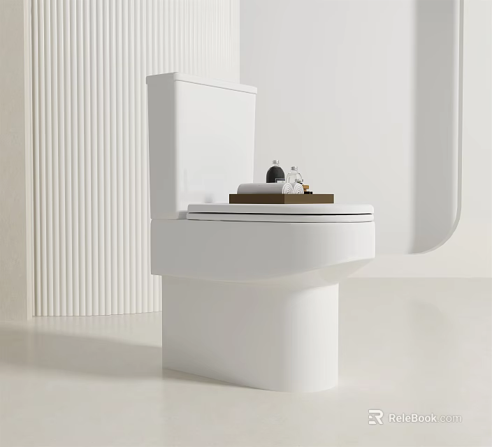 Modern White Toilet In Sleek Bathroom Setting With Wooden Tray And Small Decor Items 3d model 