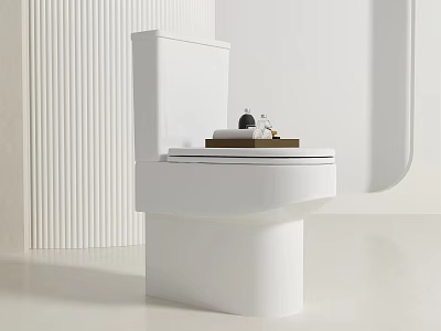 Modern White Toilet In Sleek Bathroom Setting With Wooden Tray And Small Decor Items 3d model