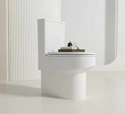Modern White Toilet In Sleek Bathroom Setting With Wooden Tray And Small Decor Items 3d model