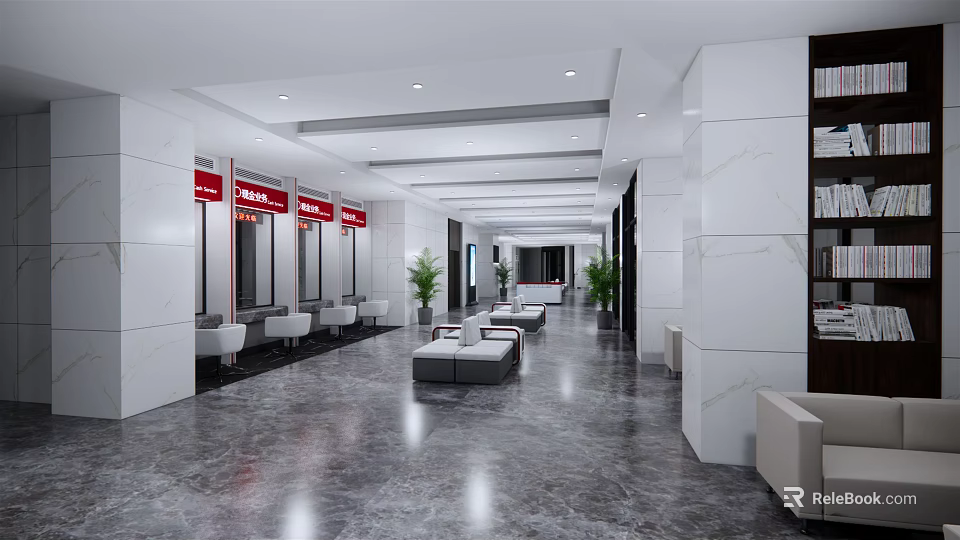 Spacious Bright Service Hall With White Walls Marble Floors Rest Seats And Green Plants 3d model 