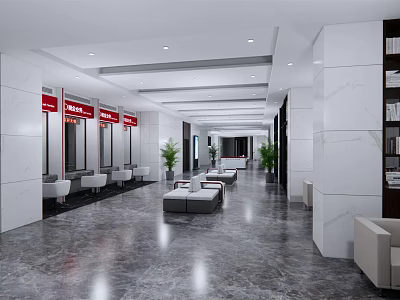 Spacious Bright Service Hall With White Walls Marble Floors Rest Seats And Green Plants 3d model