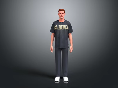 A man wearing black BARCELONA T-shirt gray pants and white shoes against gray background 3d model