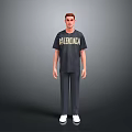 A man wearing black BARCELONA T-shirt gray pants and white shoes against gray background