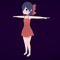 Cartoon Style Woman With Blue Hair Green Eyes In Red Dress Arms Outstretched