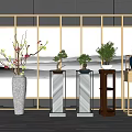 Bonsai Potted Plants Displayed on Stands with Wooden Screen in Modern Interior