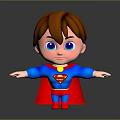 3D Model Boy Wearing Superman Costume Blue Outfit Red Cape Yellow Emblem Arms Outstretched