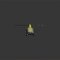 Yellow Emergency Helicopter with Red Black Striped Rotors and Green Accents on Reflective Surface