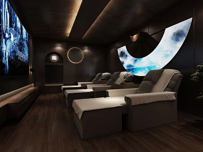 Modern SPA Sauna with Grey Loungers Wooden Floor Circular Crescent Decor and Large Screen TV 3d model