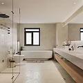Modern Bathroom Interior With Glass Shower Free Standing Bathtub Double Vanity And Marble Countertop