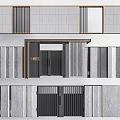 Modern Architectural Facade Featuring Gray Stone Walls Vertical Grilles Dark Doors And Metal Accents