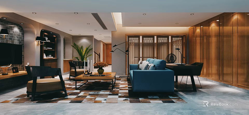 Modern Living Room Interior Design With Blue Sofa Coffee Table And Wooden Accents 3d model 