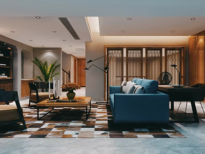 Modern Living Room Interior Design With Blue Sofa Coffee Table And Wooden Accents 3d model