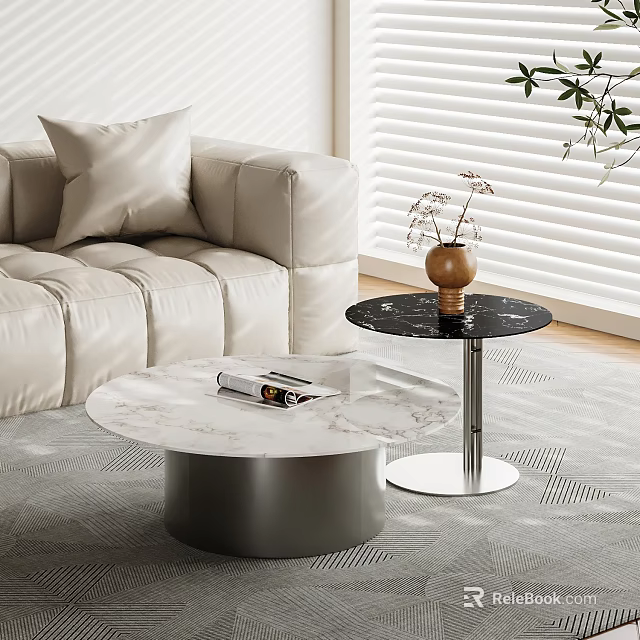 Round Marble Coffee Tables With Metal Bases Vase And Magazine In Living Room 3d model 