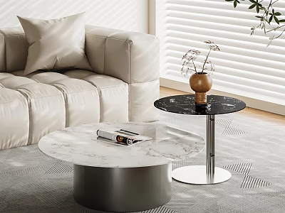 Round Marble Coffee Tables With Metal Bases Vase And Magazine In Living Room 3d model