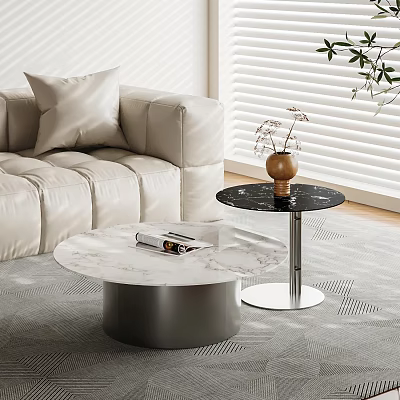Round Marble Coffee Tables With Metal Bases Vase And Magazine In Living Room 3d model