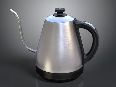 Silver Stainless Steel Electric Kettle With Long Spout And Black Handle 3d model