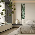 Modern Minimalist Bedroom Interior With Upholstered Bed Blanket Plant And Decorative Painting