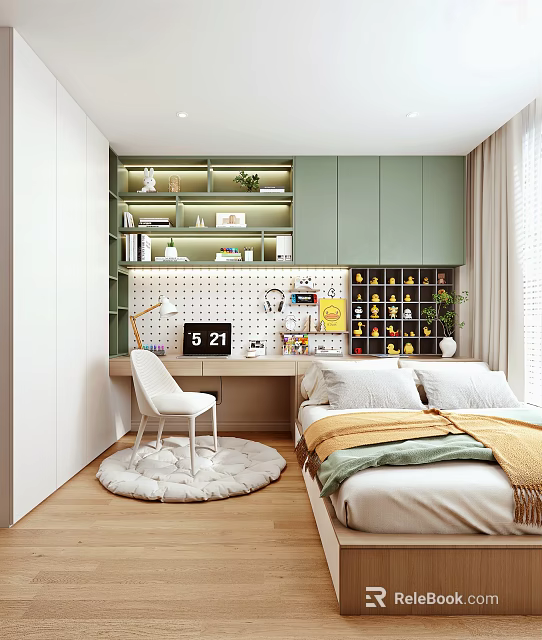Tatami Bedroom Interior With Tatami Bed Desk Lamp Green Cabinets And Bookshelves 3d model 