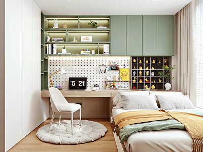 Tatami Bedroom Interior With Tatami Bed Desk Lamp Green Cabinets And Bookshelves 3d model