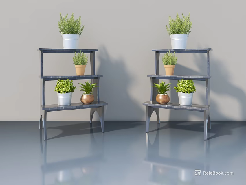 Indoor Landscape Sculpture With Multi Layer Shelves Green Plants And Colorful Flower Pots 3d model 