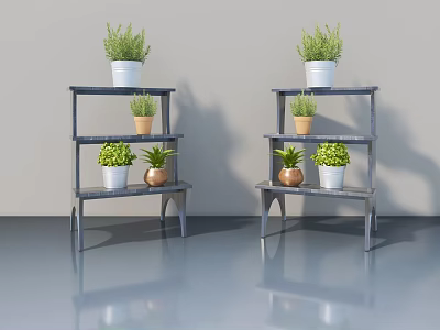 Indoor Landscape Sculpture With Multi Layer Shelves Green Plants And Colorful Flower Pots 3d model