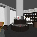 Modern Office Interior Design With White Blinds Round Column Circular Display Table And Orange Chair