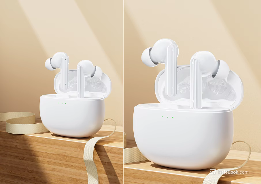 White Wireless Earbuds With Portable Charging Case On Wooden Surface Design 3d model 