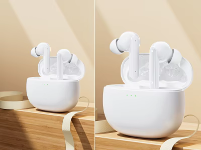 White Wireless Earbuds With Portable Charging Case On Wooden Surface Design 3d model