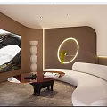 Modern Home Theater Room with Large Screen TV Curved White Sofa Circular Light and Green Plant