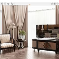 Elegant TV Cabinet In Living Room With Striped Chair Side Table Lamp Plant And Curtains