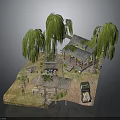 Miniature Cabin Scene With Willow Trees Small Pond Car And Wooden Path