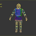Game and Movie Character in Blue Firefighter Uniform With Yellow Stripes Helmet Mask and Equipment