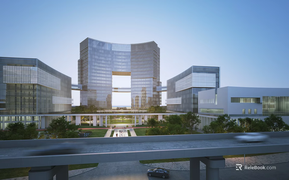 Modern Glassy Office Building Complex With Connected Structures And Surrounding Greenery 3d model 