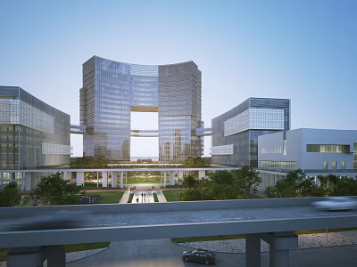 Modern Glassy Office Building Complex With Connected Structures And Surrounding Greenery 3d model
