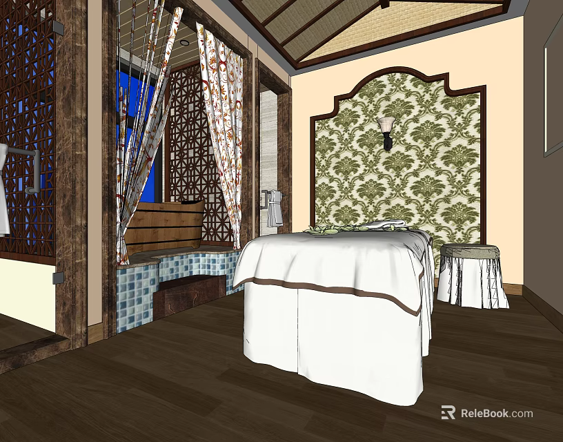 Elegant SPA Sauna Interior With Massage Bed Decorative Wall And Wooden Tiles 3d model 