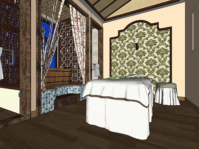 Elegant SPA Sauna Interior With Massage Bed Decorative Wall And Wooden Tiles 3d model