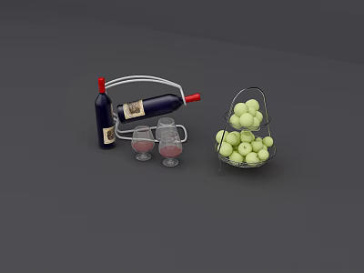 Fresh Green Grapes in Metal Basket with Wine Bottles and Glasses on Gray Background 3d model