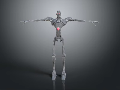 Silver Mechanical Robot Character With Red Core And Outstretched Arms Standing Pose 3d model