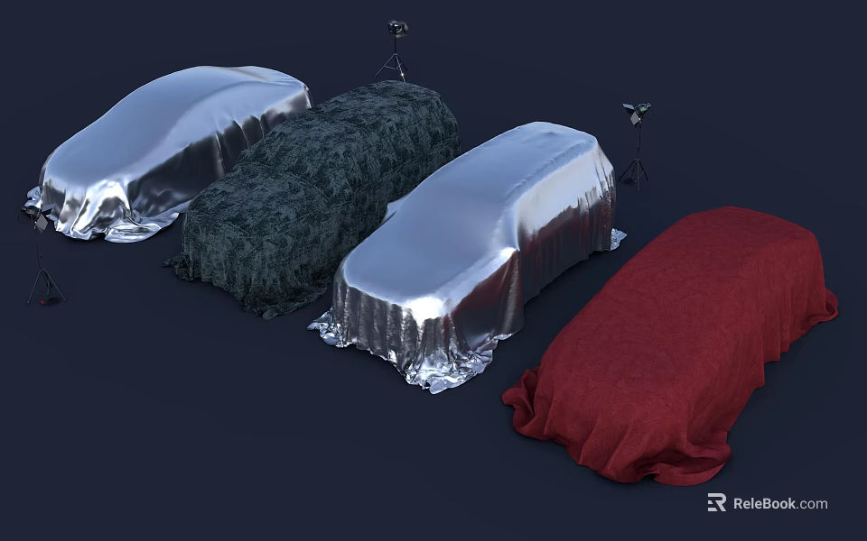 Covered Objects With Silver Green Red Covers And Small Black Stands On Dark Background 3d model 