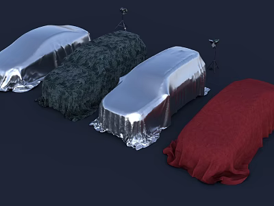 Covered Objects With Silver Green Red Covers And Small Black Stands On Dark Background 3d model