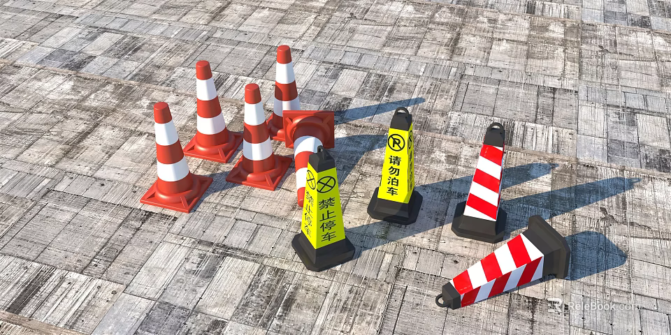 Red White Traffic Cones With Yellow Warning Signs For Road Safety Devices 3d model 