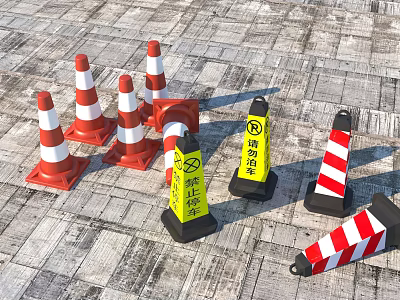 Red White Traffic Cones With Yellow Warning Signs For Road Safety Devices 3d model