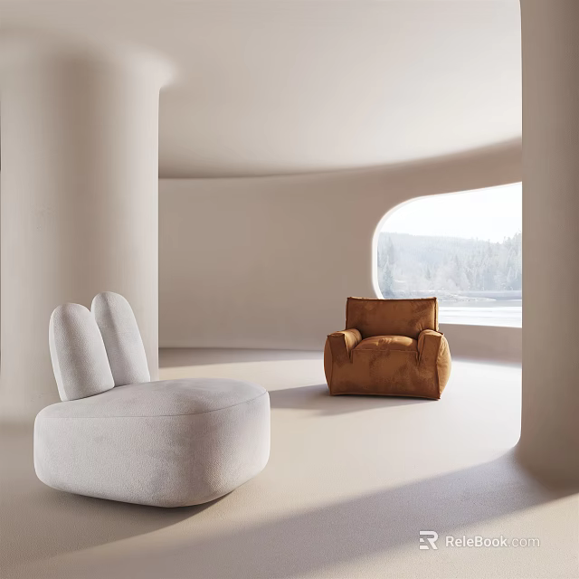 Modern Curved Single Sofa In White And Brown Bright Space With Window View Natural Light 3d model 