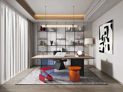 Modern Study Room Interior Design With Open Shelves Desk Pendant Lights Rug And Colorful Chairs 3d model