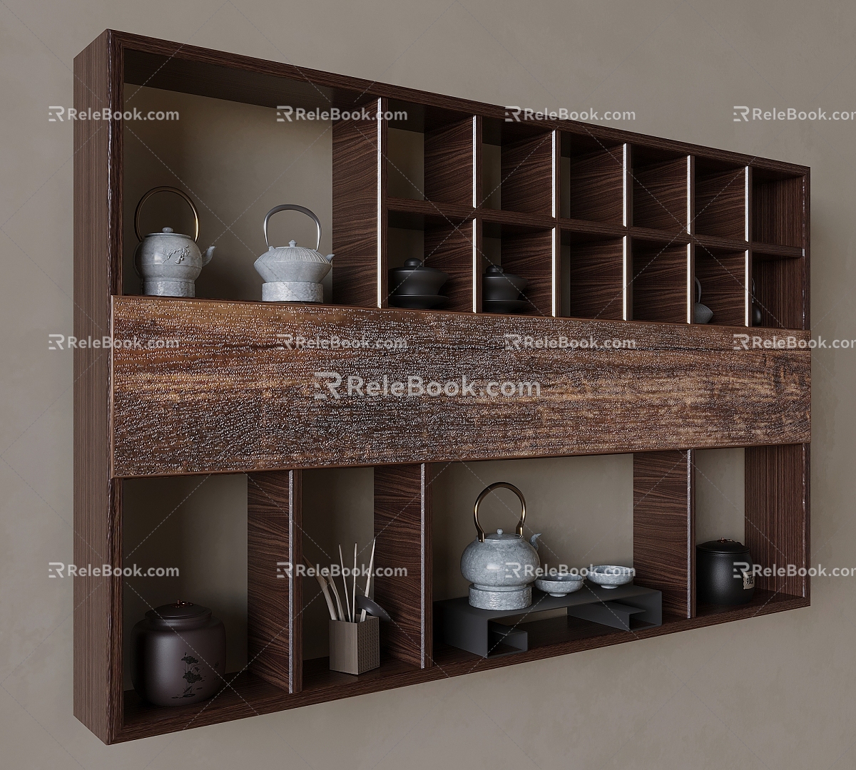 New Chinese-style Solid Wood Antique Rack Duobao Pavilion Tea Set Storage Rack Wall-mounted Tea Set Storage Rack Teapot Tea Cup Display Rack 3d model