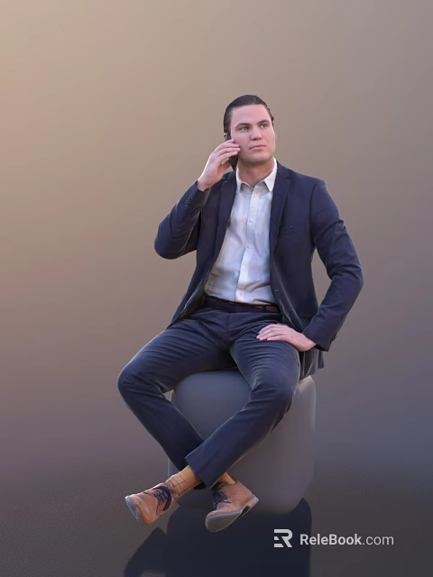 Business Man In Dark Blue Suit Sitting On Gray Stool Talking On Phone 3d model 