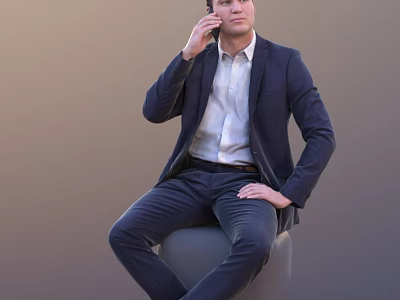 Business Man In Dark Blue Suit Sitting On Gray Stool Talking On Phone 3d model