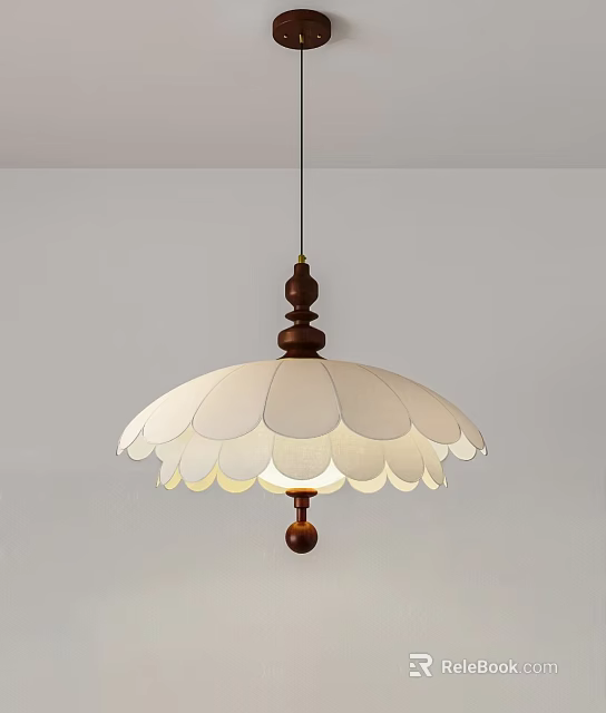Wooden Chandelier With White Petal Shaped Layered Shade And Soft Lighting 3d model 