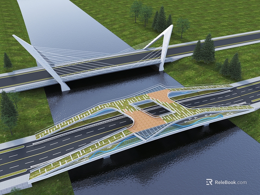 Modern Highway Bridge Design Spanning River With Greenery And Trees 3d model 