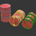 Industrial Equipment Featuring Three Red Rustic Barrels With Shiny Reflective Surfaces